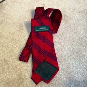 100% Silk Lauren Ralph Lauren Red & Blue Striped Tie. Excellent Cond Made in USA